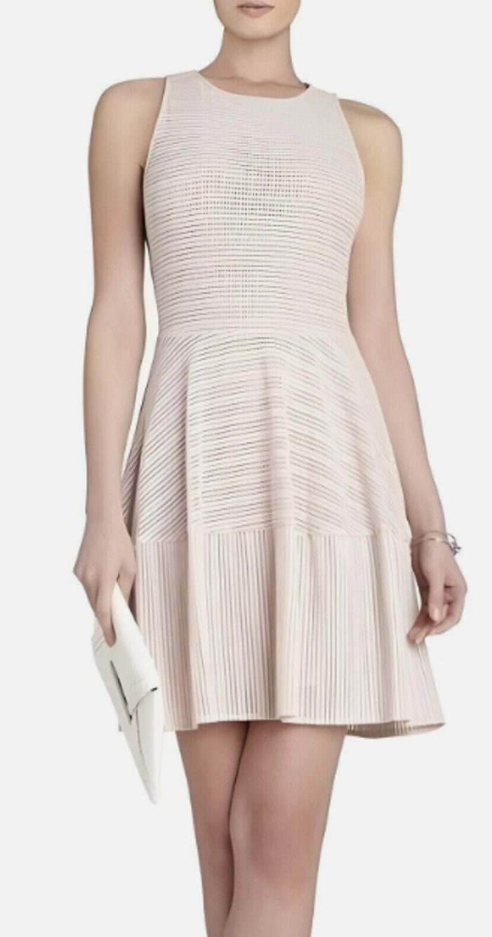 BCBGMAXAZRIA Cassandra Beige Lined Flared Eyelet A-Line Party Dress Large 8-12